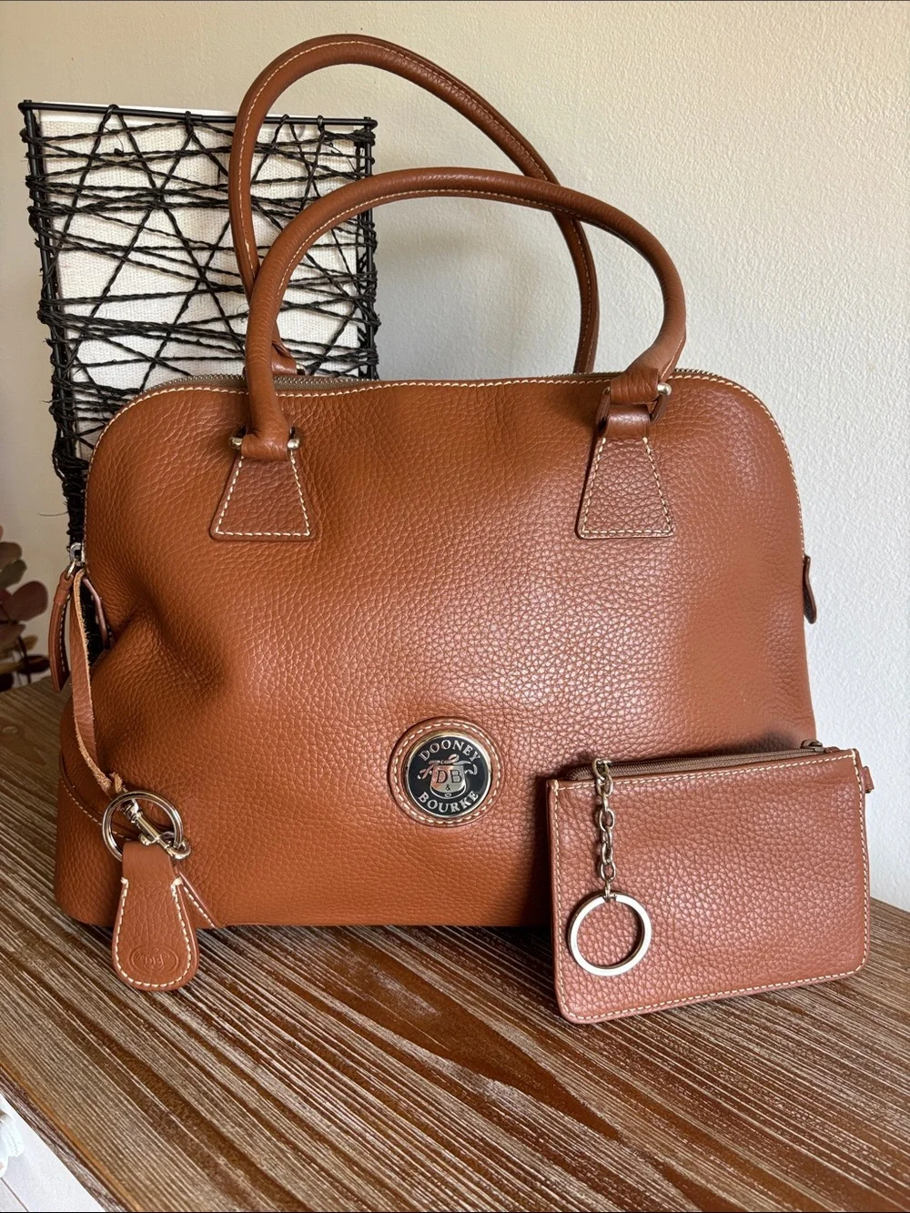 Dooney & Bourke Caramel Brown Pebbled Leather Satchel with Zip Pouch